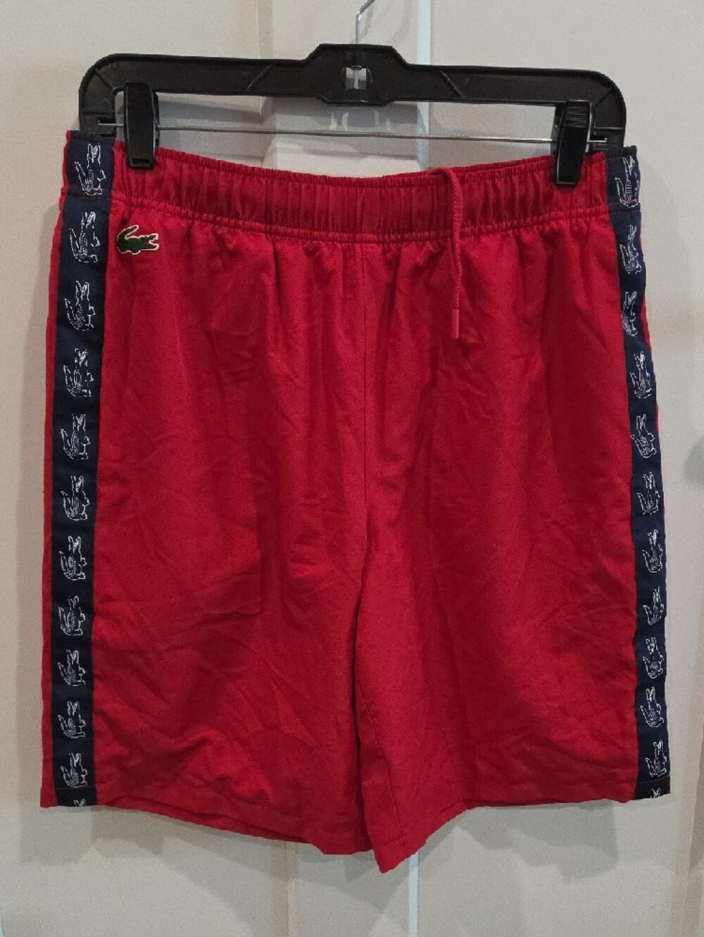 Lacoste Red Shorts with Navy Croc-Pattern Side Tape